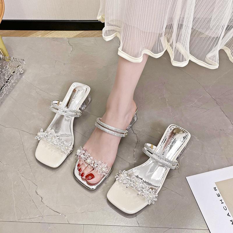 Fashion 2025 Women's Sandals Crystal Heel Chunky Summer New Two-Way Wear Diamond Outerwear Rubber Bottom Square Toe Polyurethane Lined