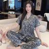 New light luxury fashion leopard print floral design feeling ice silk satin pajamas women's loungewear short-sleeved set