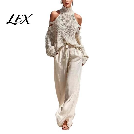 Cold Shoulder Knit Sweater Autumn Women Pants Set, & Wide Leg Breathable Spring Casual Wear Pants, Solid Color Long Sleeves Top Trousers Two