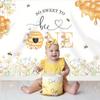 2D First Bee Day Backdrop Honeycomb Bee Floral Baby 1st Birthday Party Photo Background