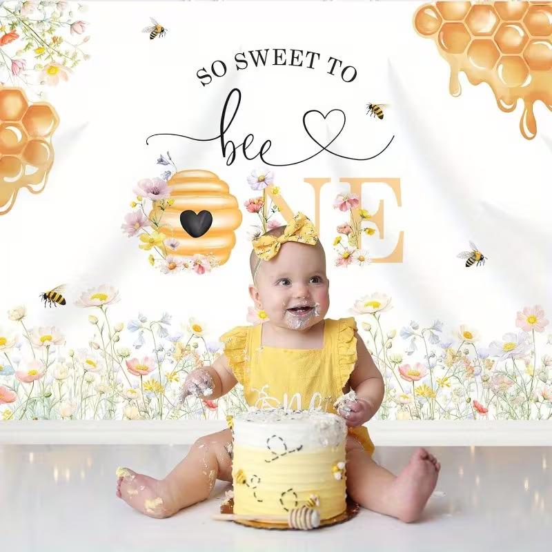 2D First Bee Day Backdrop Honeycomb Bee Floral Baby 1st Birthday Party Photo Background
