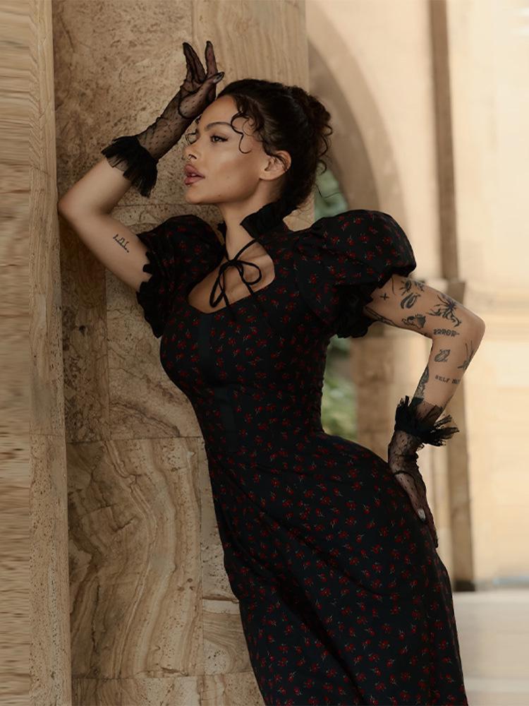 Autumn 2026 Women's Puff Sleeve Polka Dot Slim Fit Long Dress with Detachable Hem