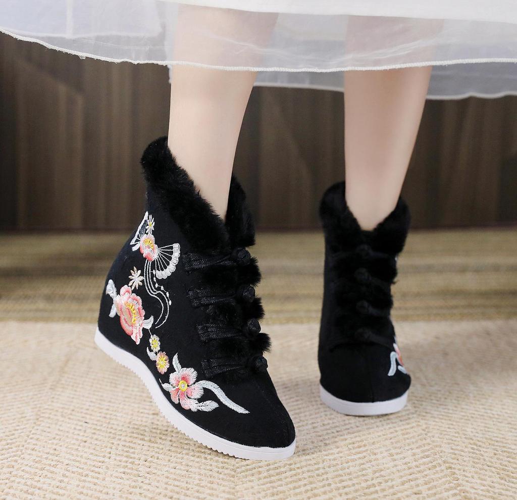 Women's Winter Warm Casual Ankle Boots Anti Slip Fleece Lined Snow Boots High-Top Shoes Comfortable Embroidered Faux Fur Lined Short Booties for Women