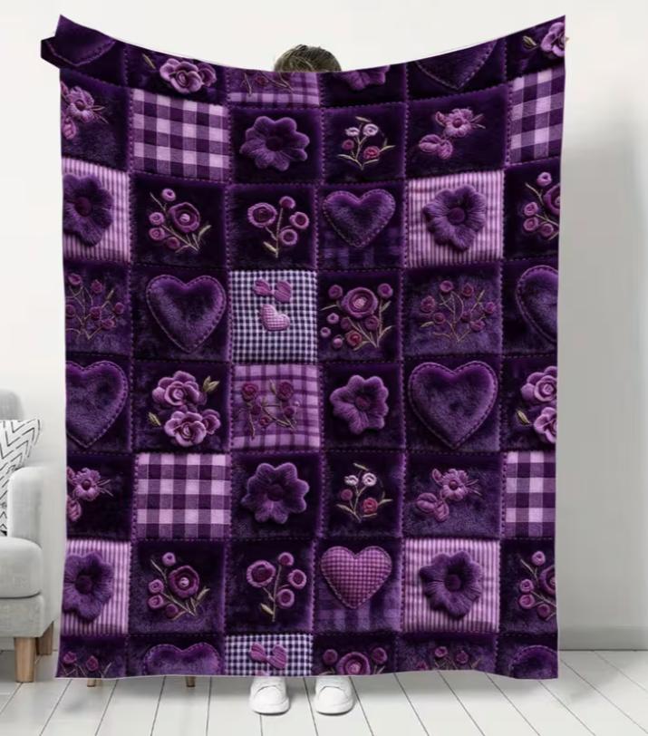 Purple Vintage Patchwork ArtFloral Checkered Dove Heart PatternHigh-Quality Single-Sided Printed Flannel Blanket