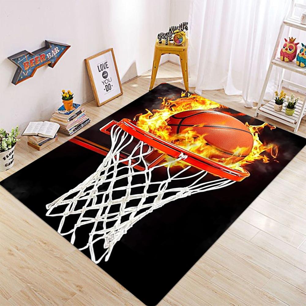 Großer Basketballplatz Muster Teppich für Wohnzimmer und Schlafzimmer Lebendiges Orange Sport Thema Bodenmatte Rutschfest Weicher Bereichsteppich