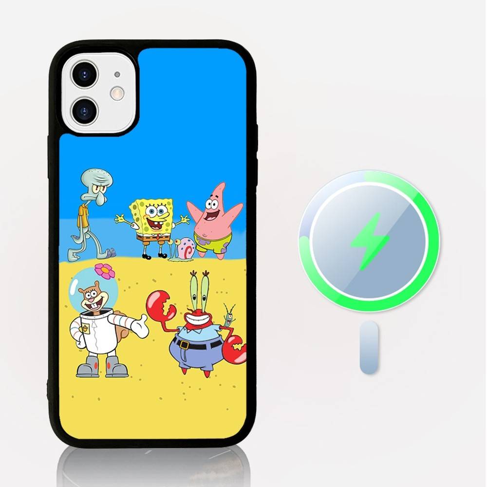 S-Spongebob Fun Cartoon Phone Case Magnetic Case For IPhone 16 14 13 12 11 15 Pro Max Plus For Magsafe Wireless Charge Cover