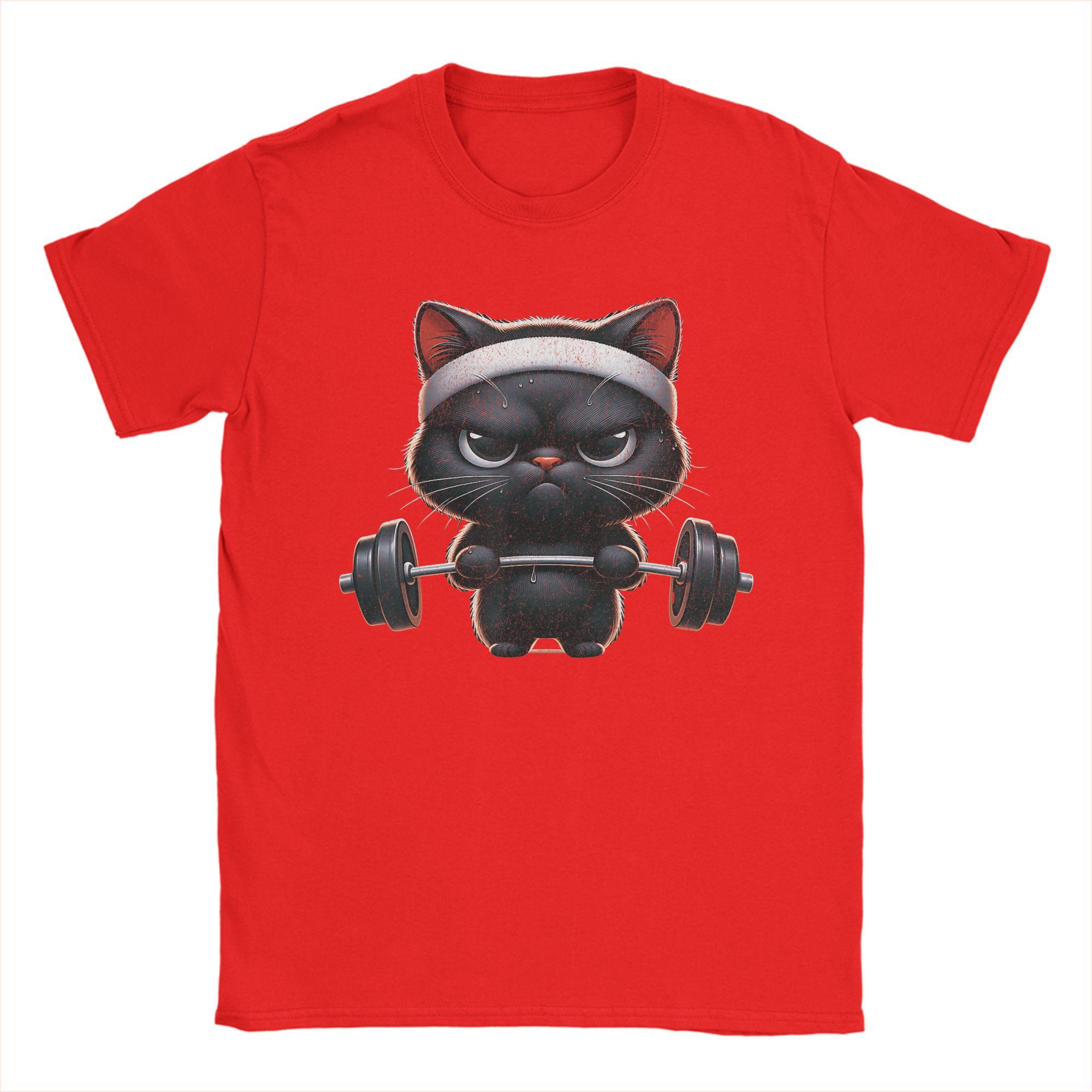 Humorous Funny Workout Cat Gym Fitness TShirt for Men Round Neck Cotton T Shirts  Short Sleeve Tee Shirt Plus Size Tops S