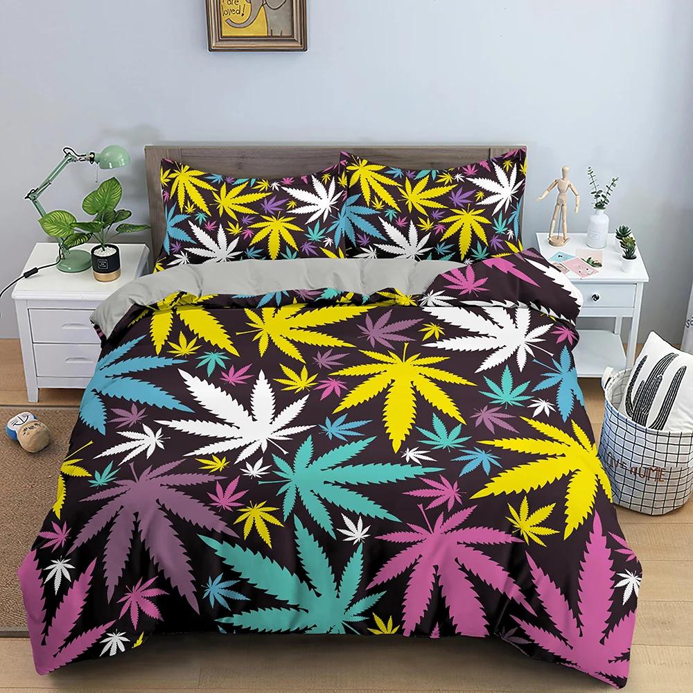 Maple Leaves King Queen Bedding Set Psychedelic Weed Leaf Duvet Cover Colorful Stripes 2/3Pcs Polyester Quilt Cover