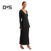 Fall Winter Women Dress V Neck Threa Loose Long Sleeves Solid Color Knitted Slim Waist Maxi Dress Stretchy Casual Dating Commuting Dress