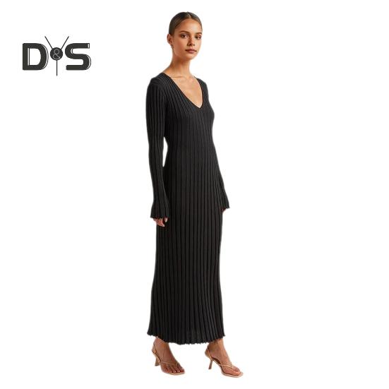 Fall Winter Women Dress V Neck Threa Loose Long Sleeves Solid Color Knitted Slim Waist Maxi Dress Stretchy Casual Dating Commuting Dress