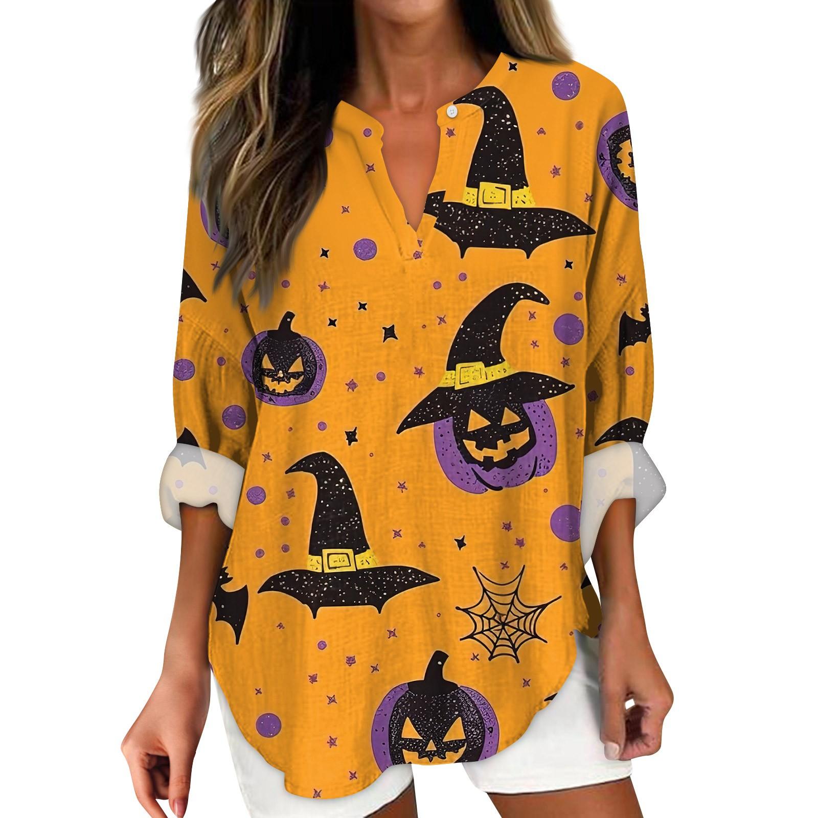 

Женские модные повседневные женские топы с v-образным вырезом и заниженными плечами и принтом на Хэллоуин XXXL оранжевый