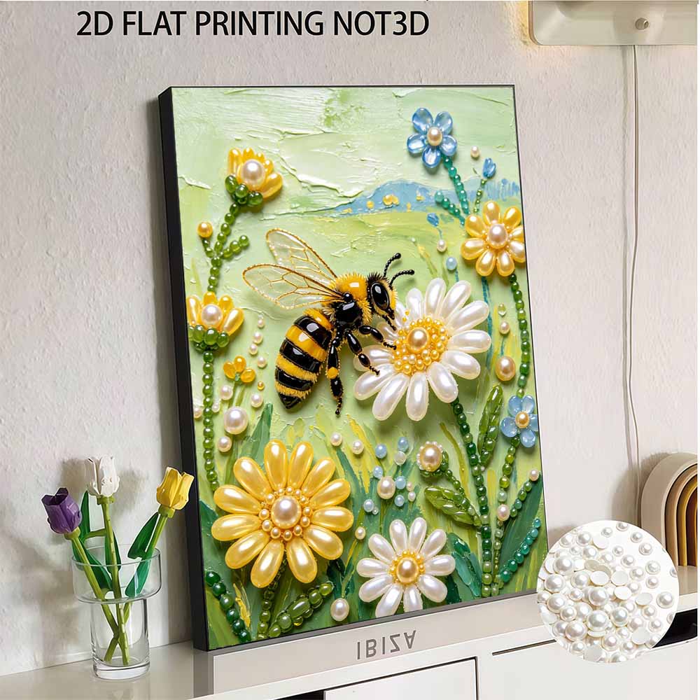 Pearl Painting DIY Kit Bee and Yellow Flower Design Frameless Shiny Bead Canvas Creative Craft for Home Wall Decor Art Relaxing Needlework Hobby