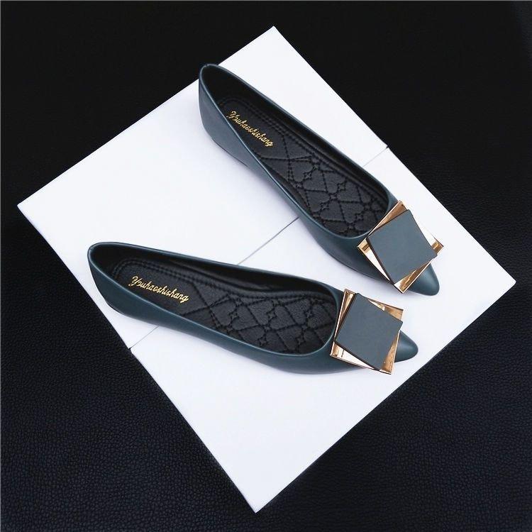 Spring and summer high heels women's medium heel single shoes soft leather pointed metal buckle fashion work girls shoes