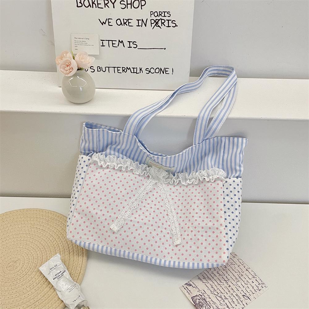 

Patchwork Lace Bow Korean Style Canvas Shoulder Bag for Women синій