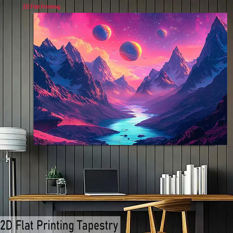 2D Fantasy Space Backdrop Neon Planets Mountain River Party Background