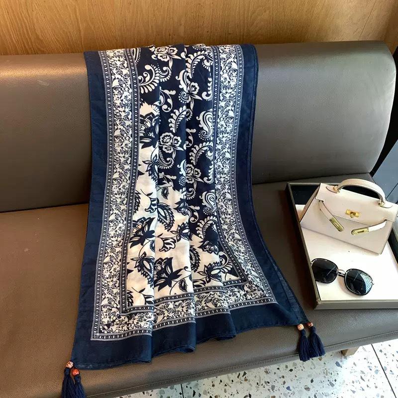 Yunnan Ethnic Tassel Tie-Dye Blue Scarf - Fashionable Travel & Sun Protection Shawl