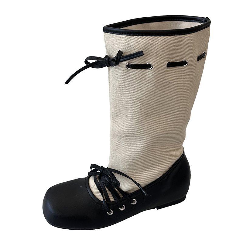 Round head women's inner height increase new wind thick-soled mid-tube boots straps autumn and winter mid-tube boots retro ballet