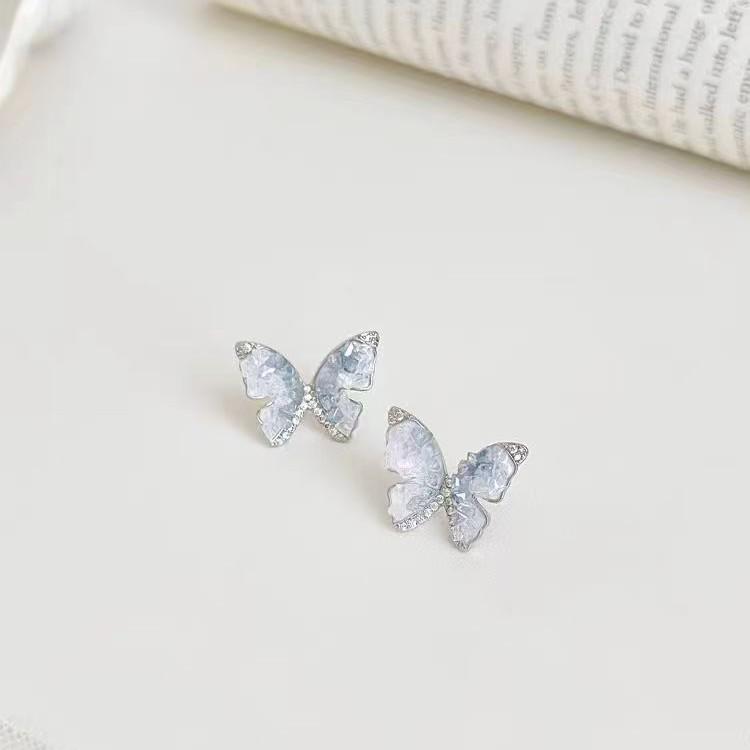 Crystal Butterfly Jewelry Set: Summer Blue Earrings & High-Class Collarbone Necklace with Light Luxury Style