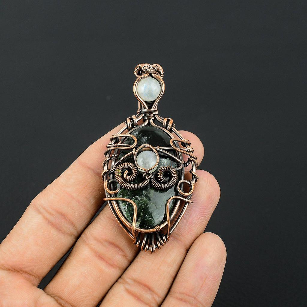 Seraphinite & Rainbow Moonstone Pendant, 999 Copper Wire Wrapped Gemstone Jewelry, Handmade Pendant, For Thanksgiving