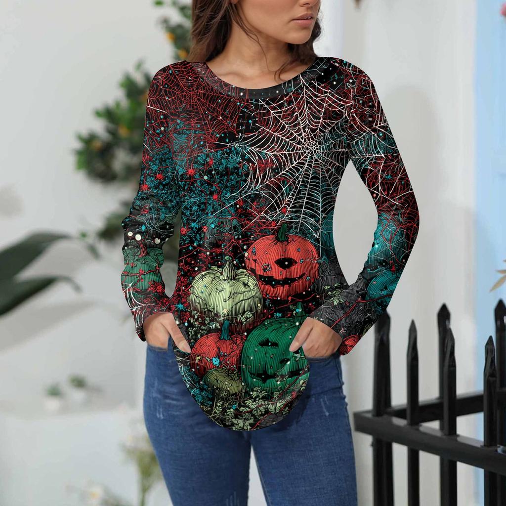 Women's Loose Fit Long Sleeve T-Shirt with Retro Halloween Print, Neck Pullover Top