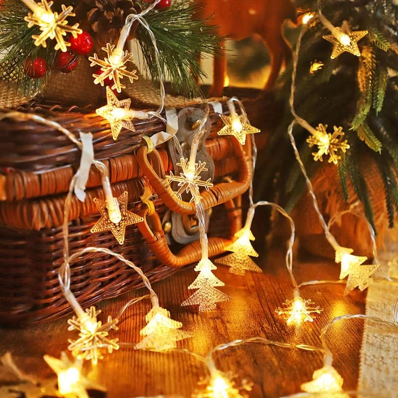 Christmas String Lights LED Acrylic Clear Star Snowflake Xmas Tree Long Lamp Strings Light Hanging Ornaments Home Party Decor