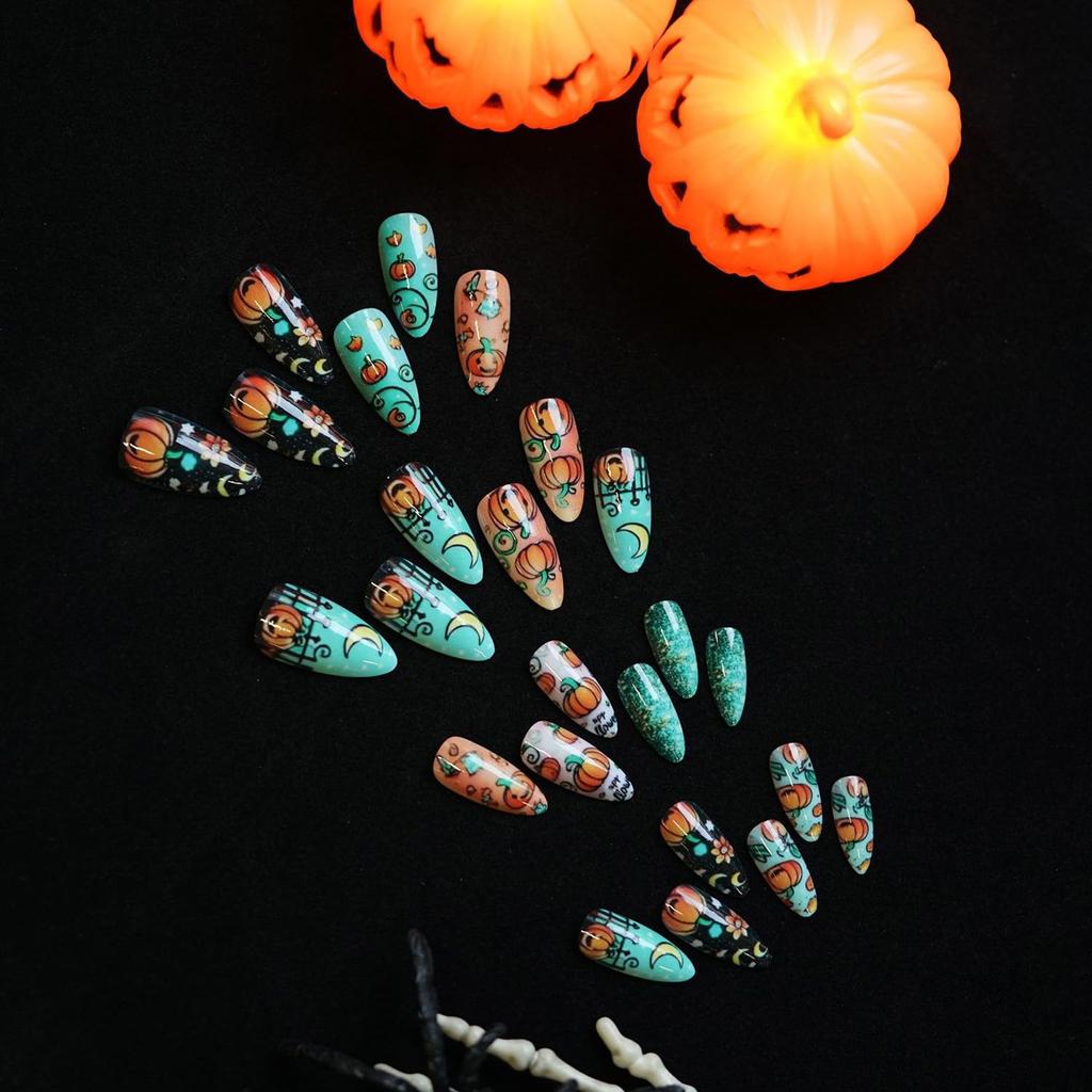 Halloween Press on Nails Medium Fake Nails Almond Shape Halloween False Nail Tips with Pumpkin Star Moon Designs Cute Stick on Nails Glossy Halloween