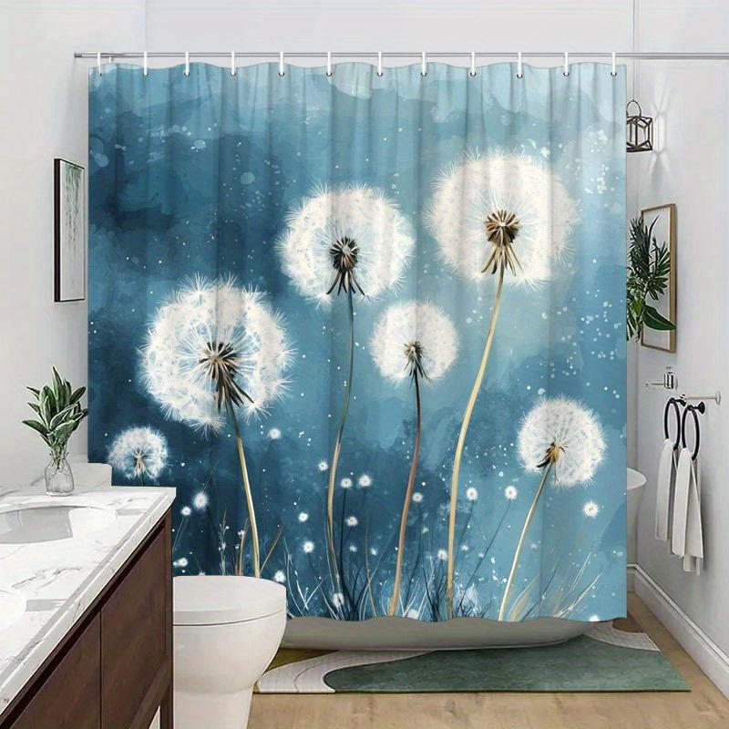 1Pc Dandelions In Blue Breeze Shower Curtain - 5 Dandelions, Seed Dispersal, Abstract Blue Background, 70.8X70.8", 12 Hooks