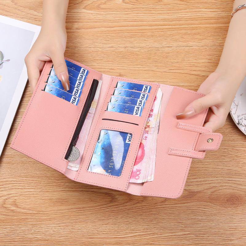Korean Style Women's Long Tri-Fold Leather Wallet with Coin Pocket and Snap Closure