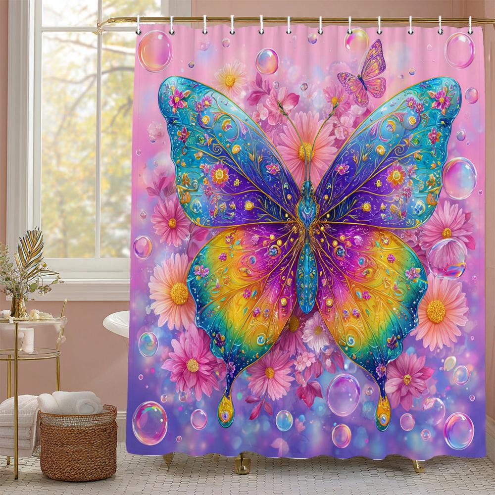 Beautiful pink butterfly pattern Shower Curtain,flowers Shower Curtain,Printed polyester fabric Bathroom Decoration Curtain