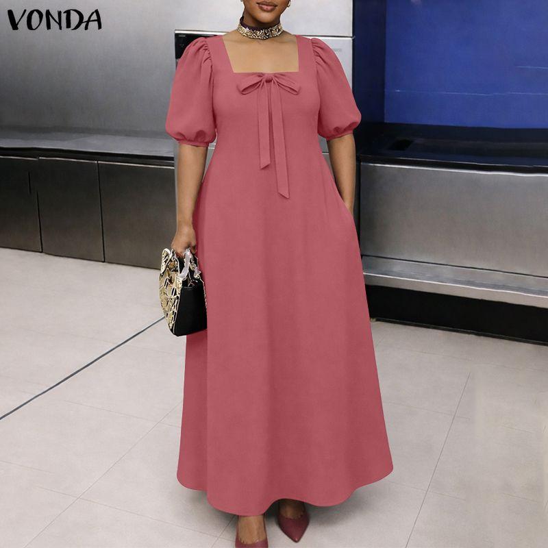 VONDA Abito Maxi Lungo Casual Elegante Estivo da Donna con Scollo Quadrato, Maniche a Sbuffo e Fiocco
