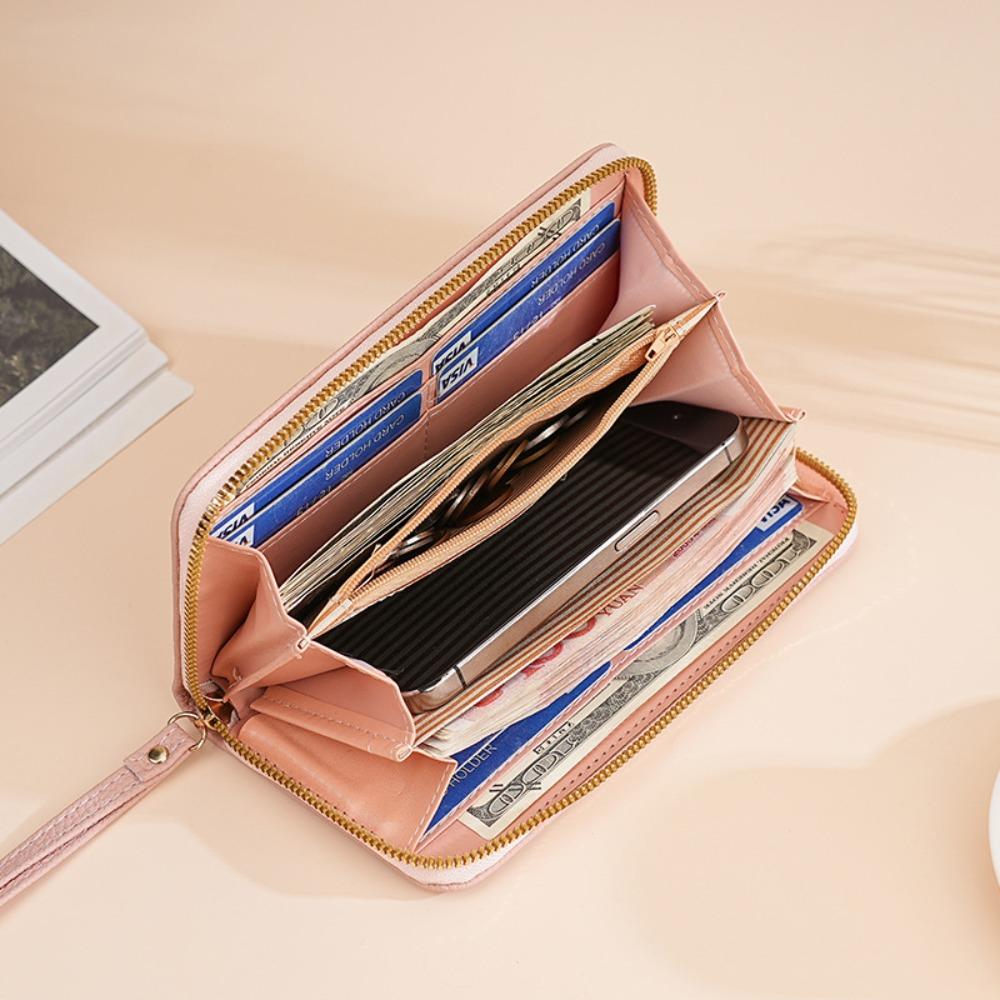 Luxury Leather Long Wallet With Wrist Strap Solid Color Multi Card Holder Large Capacity Phone Handbag Women