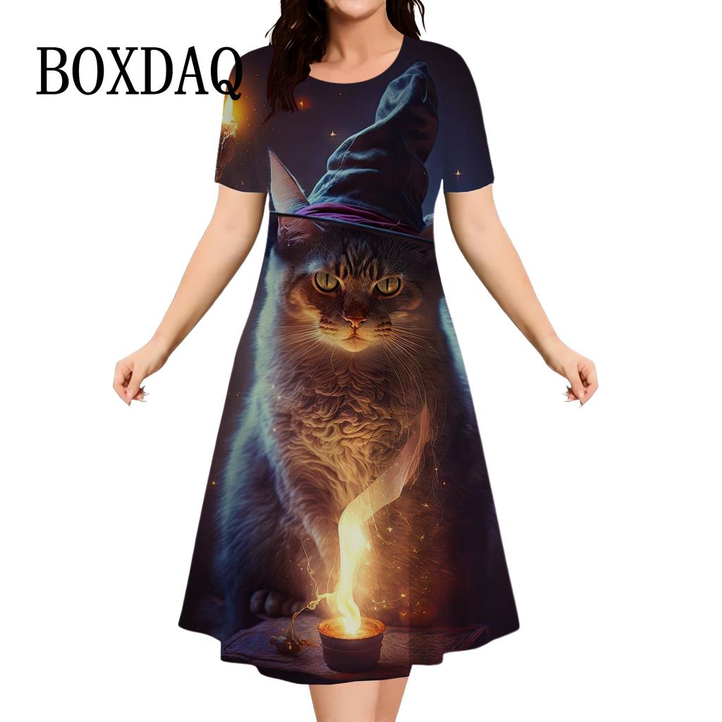 Women's 3D Graphic Animal Cat Dress Short Sleeve 3D Print Summer Dress Casual Daily Holiday Cute Loose Dress New