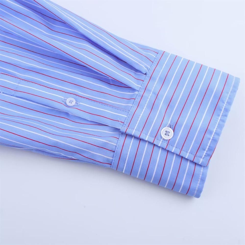2025 Spring/Summer Women's Striped Poplin Shirt with Turn-Down Collar and Long Sleeves