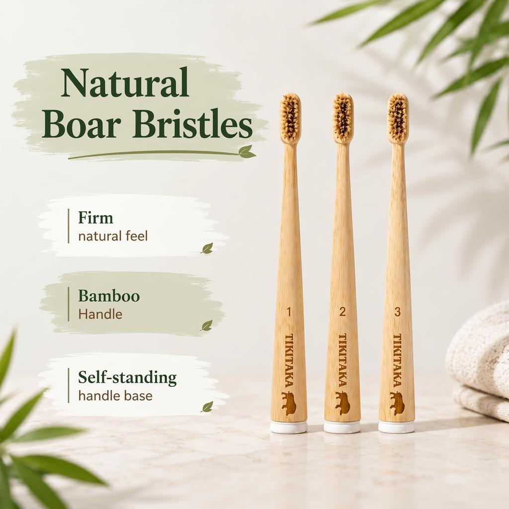TIKITAKA FTG Boar Bristle Bamboo Toothbrush, Set of 6, Firm Natural Bristles, Curved Bamboo Handle, Self-Standing, Family Use, Adult Size