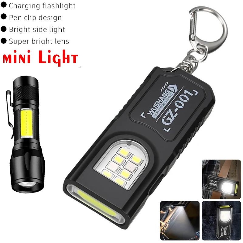 Multifunctional LED Flashlight Keychain Rechargeable Mini Torch with COB Work Light Keyring Torch Camping Walking Pocket Lamp