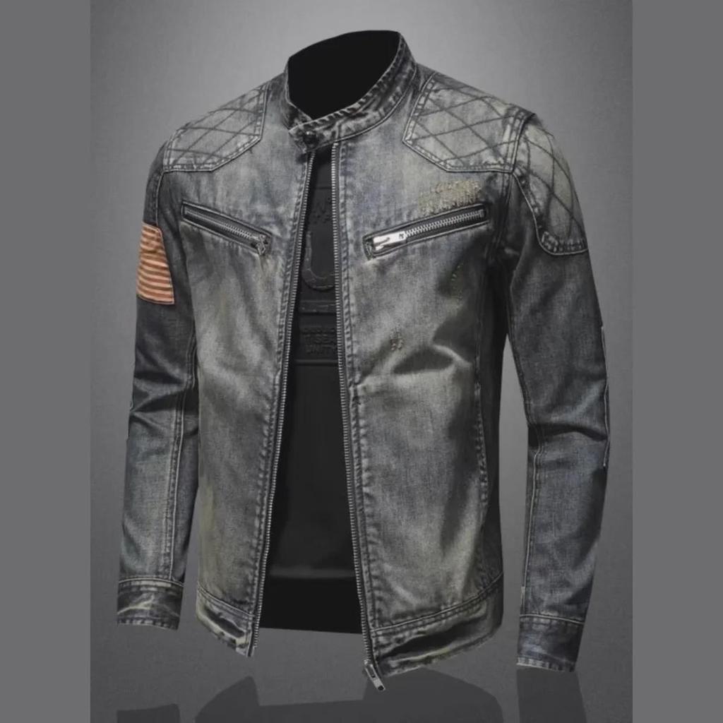 Pánská retro džínová bunda na motorku s límečkem - evropský a americký pouliční styl na podzim/zimu.