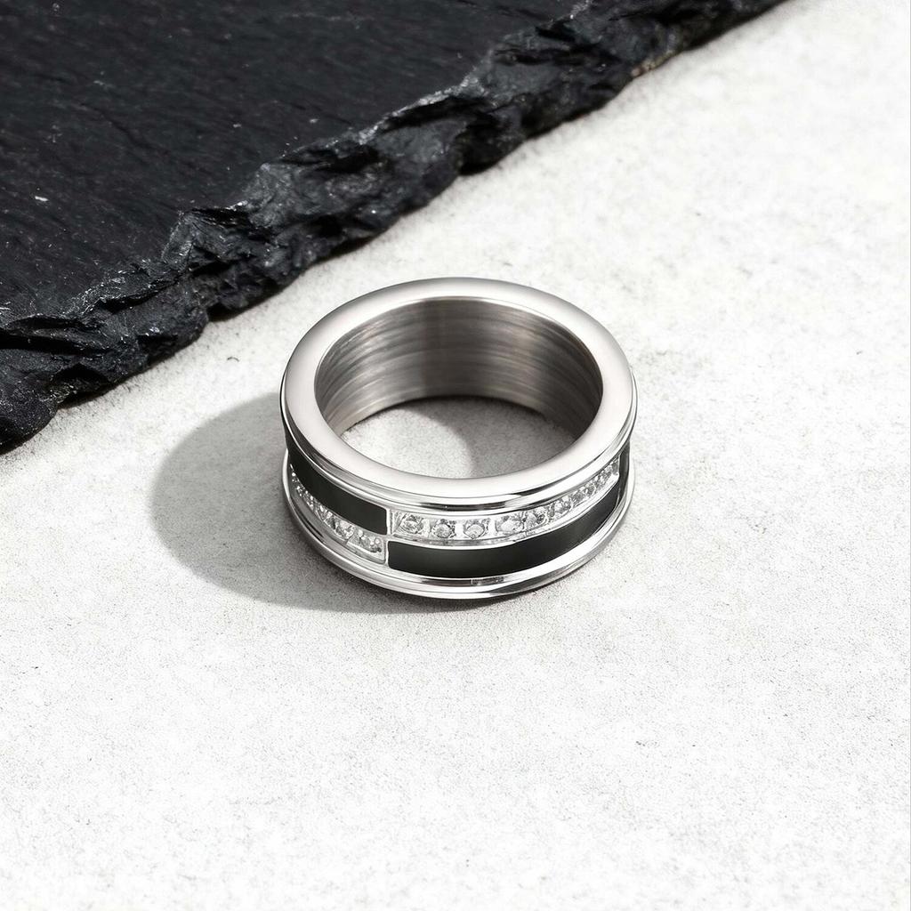 Stylish Black Enamel Ring for Men,Casual AAA White CZ Stone Stainless Steel Minimalist Wedding Ring Gift