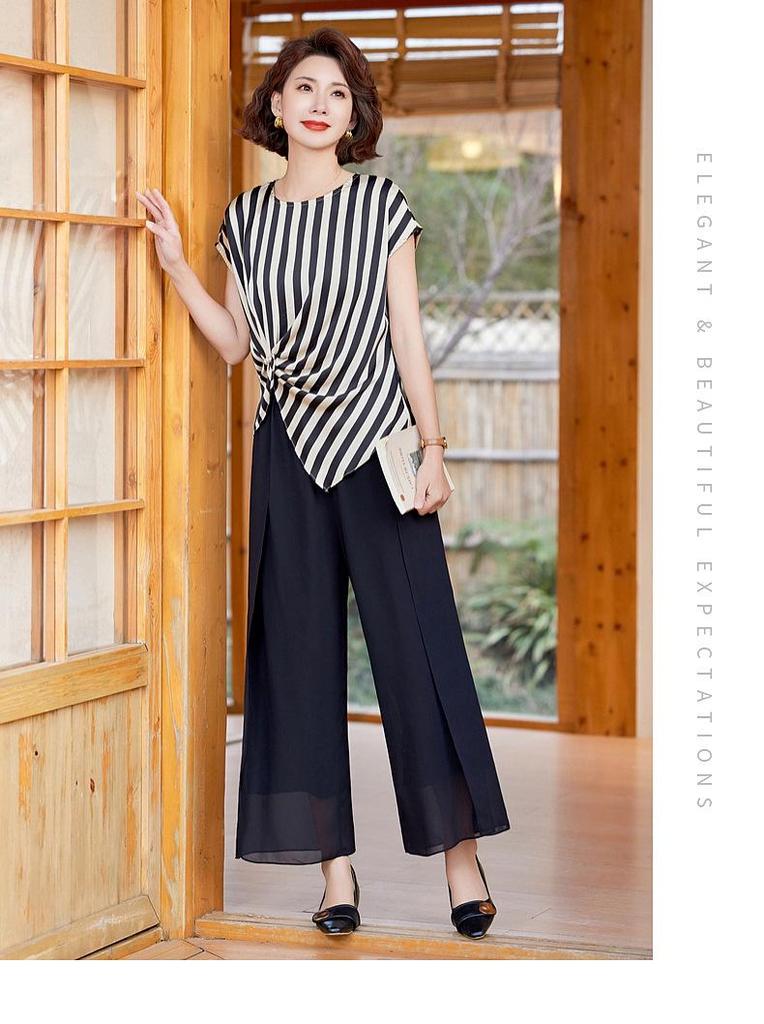 Stylish Chiffon Two-Piece Set: Striped Top & Wide-Leg Pants for Middle-Aged Women