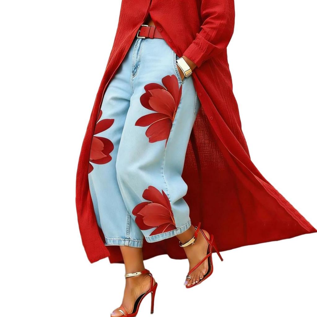 Women’s Denim Wide Leg Pants with Floral Print High Waist Casual Loose Fit Trousers for Everyday Wear Street Style