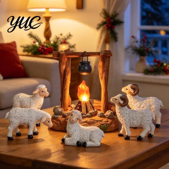 Christian Gift for Family Christmas Nativity Scene Set with LED Lighted Campfire, Resin Manger Stable Figurine, Religious Figurine Wooden Look