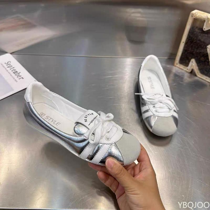 summer fashion shallow silver lace up flat shoes comfortable and breathable casual dress round toe women's board shoes