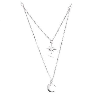 [R4219] - Silver 'Choreography' Silver Necklace (rhodium) - 38 and 50 Cm - 10 Mm (star-moon)
