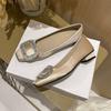 Rv Silk Satin Rhinestone Light Mouth Comfortable Ladyshoes Thick Heel Square Head Single Shoes Women'S Buckle Large Size Women'S Shoes
