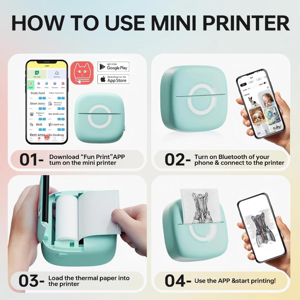 Mini Printer Sticker Thermal Printer with 3 Rolls Paper, Bluetooth Portable Phone Print Pods,Study Sticker Maker for Pictures, Photos, Journals, DIY,