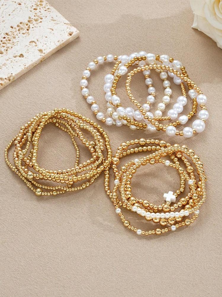31/18/16/15/7pcs Simple Beaded Pearl Cross Bracelet Set For Women Vacation Dating Birthday Daily Wear Party Jewelry Accessory