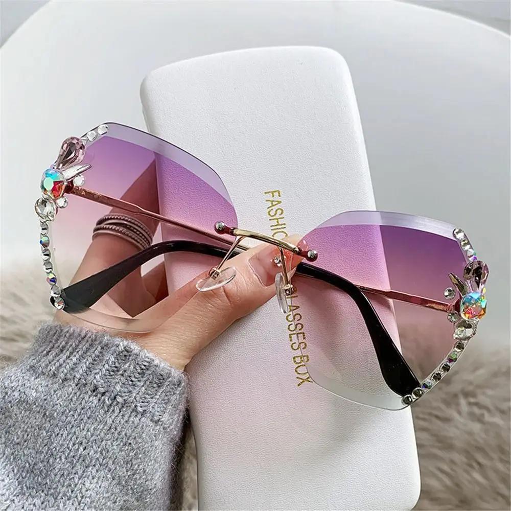 Uv Protection Rimless Rhinestone Sunglasses Beach/Travel/Streetwear Shiny Cutting Lens Sun Glasses Frameless Eyewear For Women