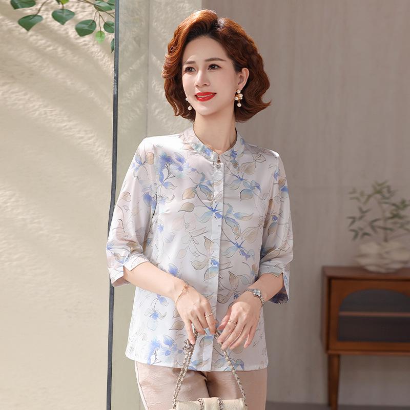 

2026 New Fashion Lapel Printed Chiffon Shirt for Middle-Aged & Elderly Women - Three-Quarter Sleeves & Lightweight Design 4XL (approx. 135-150 lbs) синій