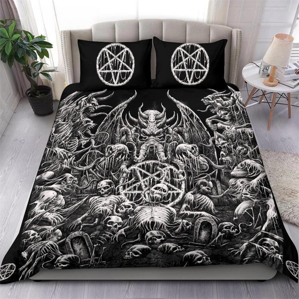 Skull Skeleton Satanic Goat Skull Duvet Cover Set Trophy Demon Breed Bedding Sets Night Blue Pink Satanic Baphomet Quilt Cover