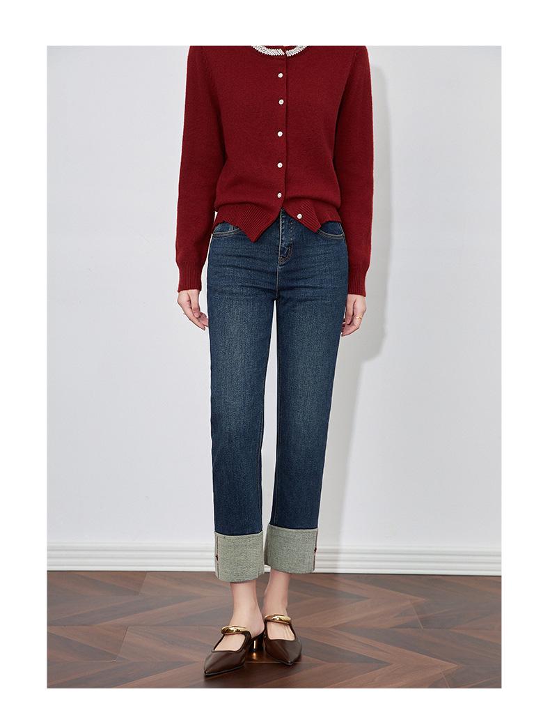 Nanyou Embroidered Velvet Cuff Slim Straight Jeans - Women's Winter Style