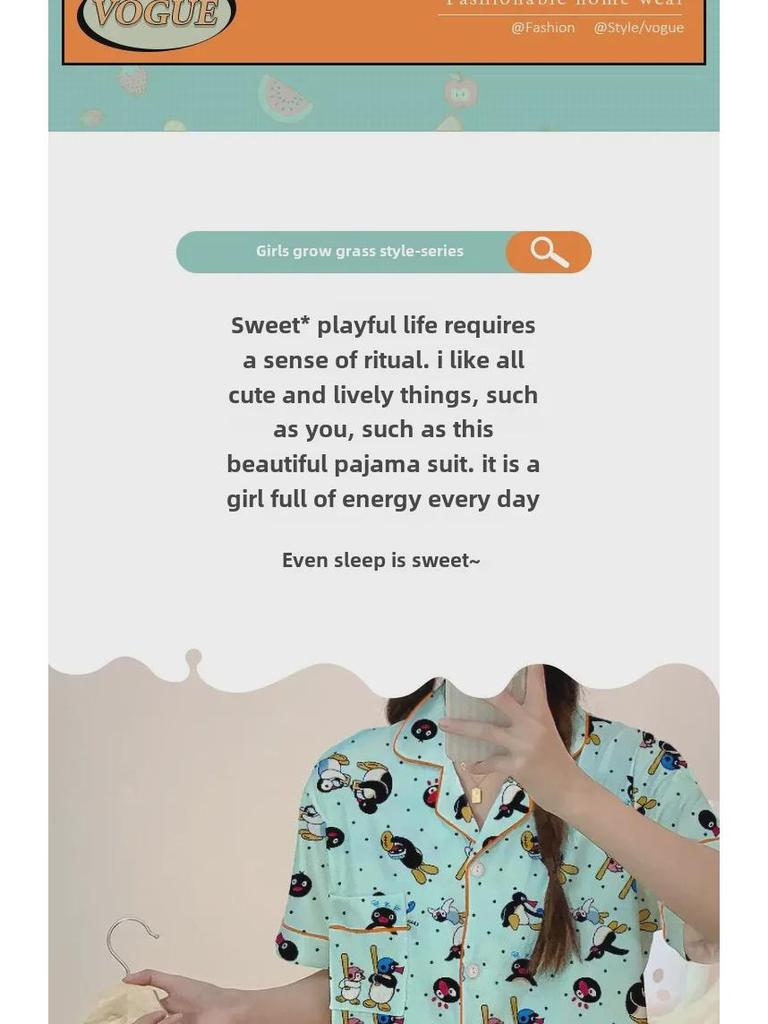 Sweet Girl Penguin Print Summer Pajama Set - Short-Sleeved Cardigan & Shorts